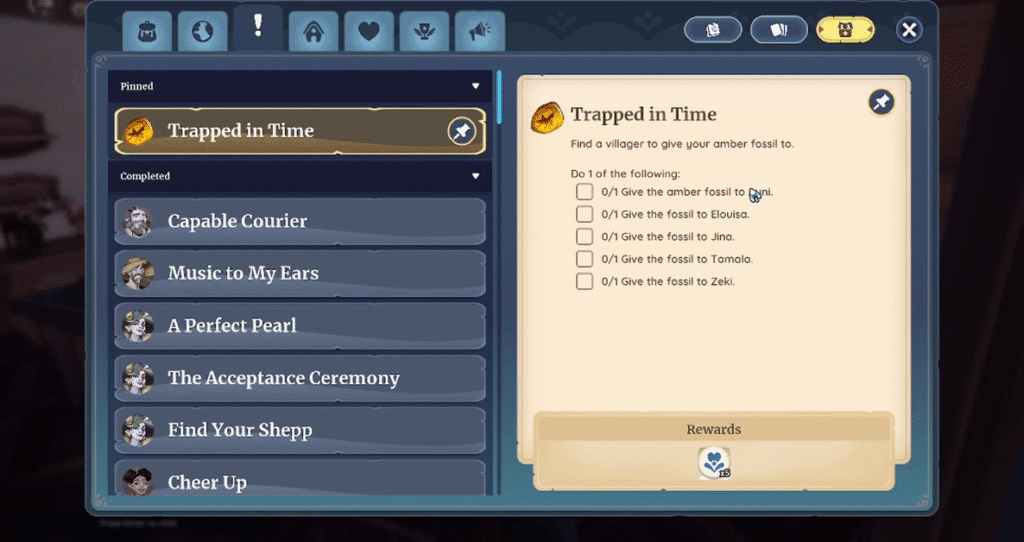 choosing which villager gets the fossil_trapped in time quest palia